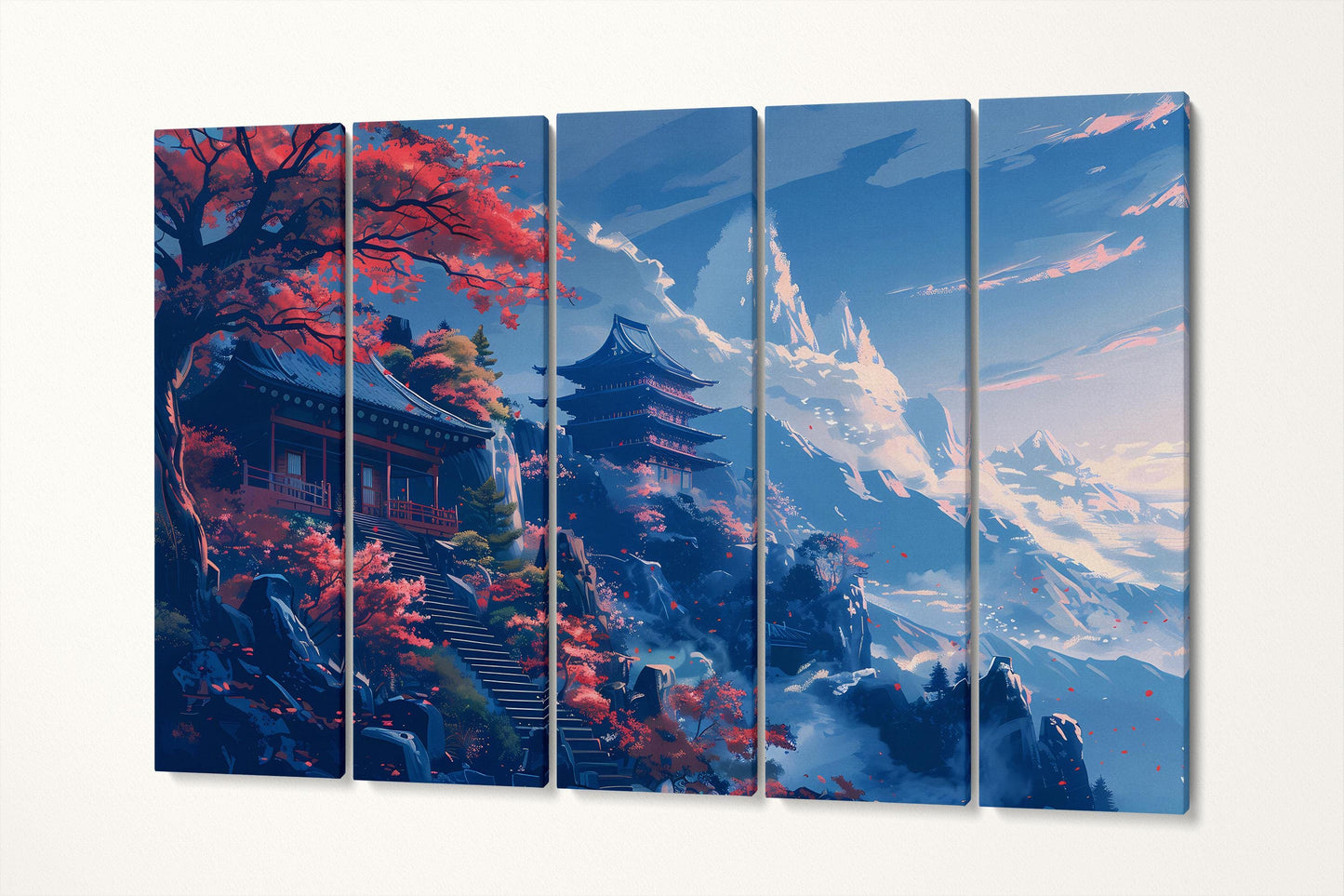Harmony of Autumn Mountains: Japanese Temple Canvas Wall Decor Eco Leather Print 5 Panels