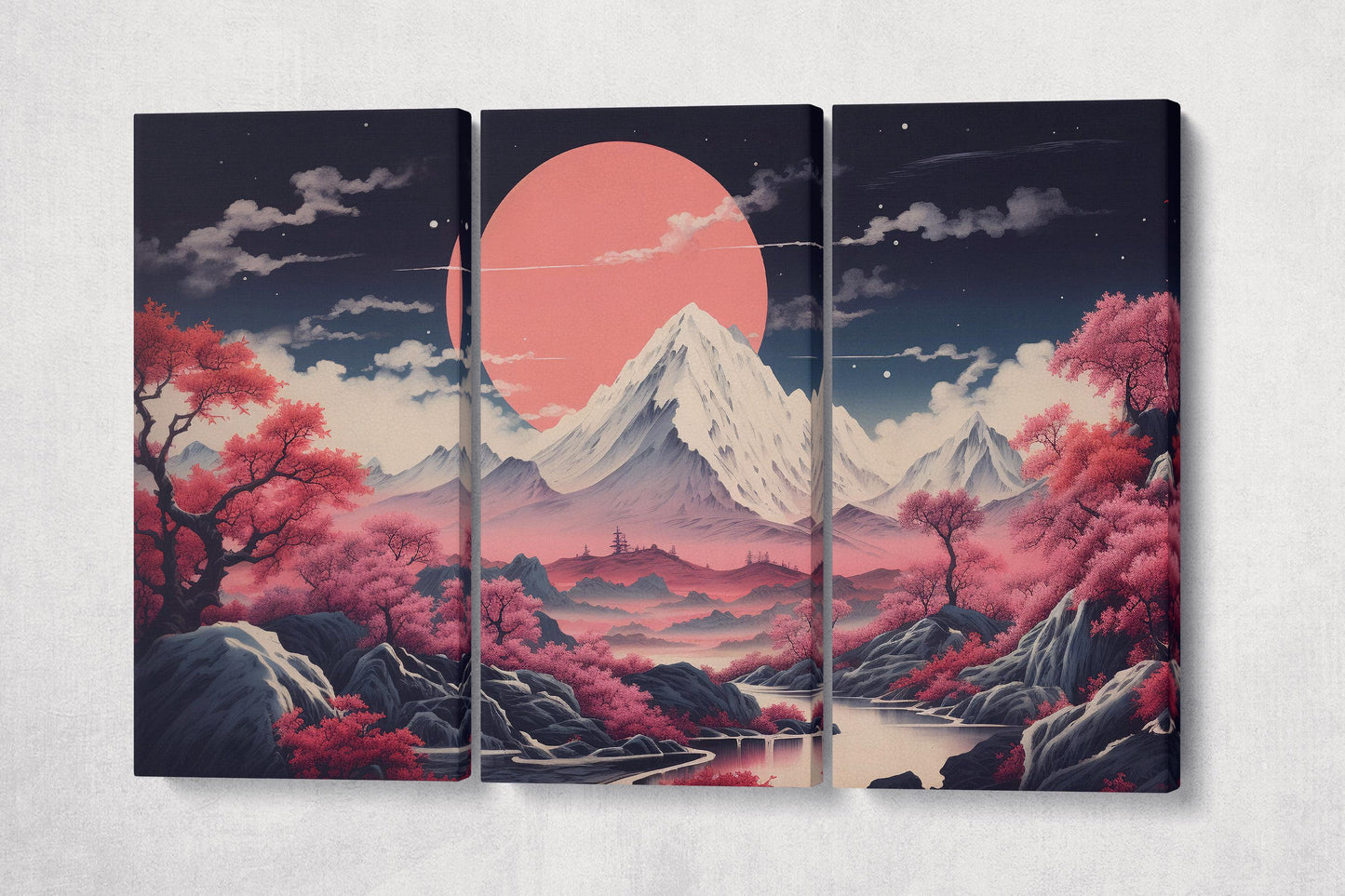 Dramatic Pink Moonrise Over Sakura Peaks Japanese Mountain Canvas Home Art Wall Decor Eco Leather Print 3 Panels