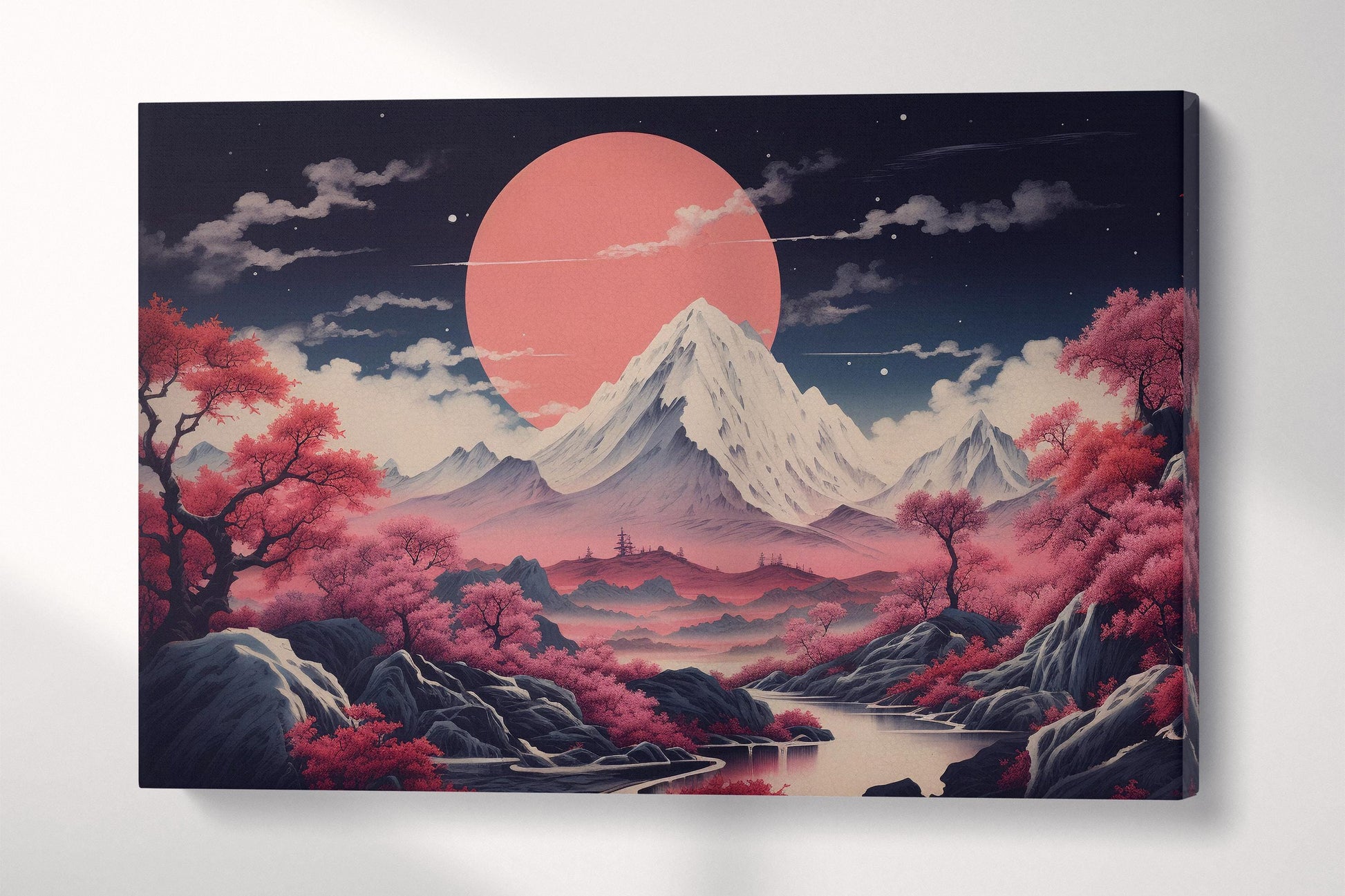 Dramatic Pink Moonrise Over Sakura Peaks Japanese Mountain Canvas Home Art Wall Decor Eco Leather Print Single Panel
