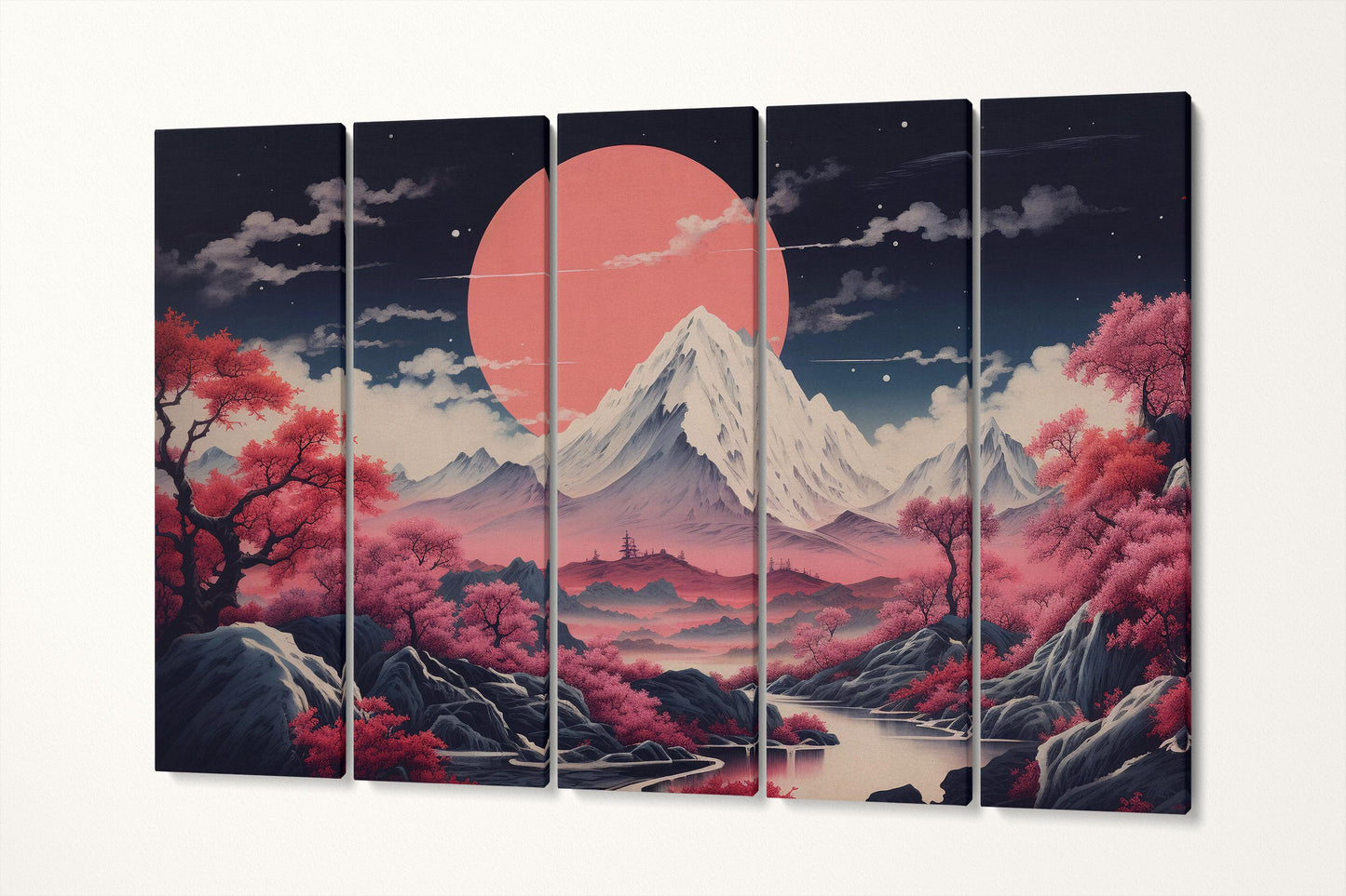 Dramatic Pink Moonrise Over Sakura Peaks Japanese Mountain Canvas Home Art Wall Decor Eco Leather Print 5 Panels