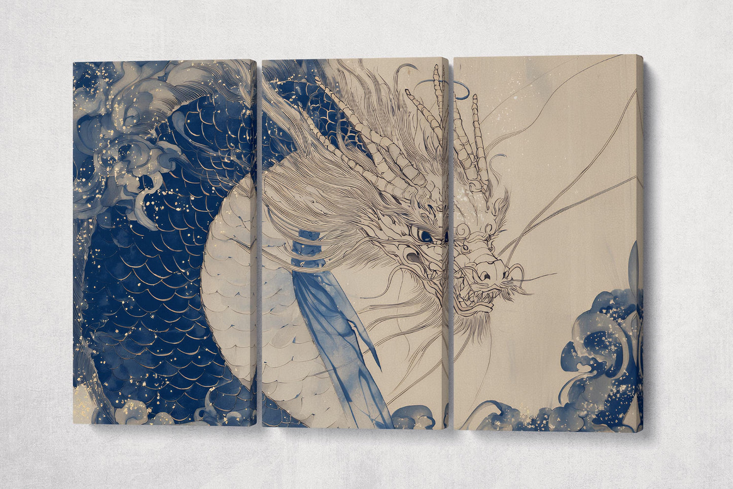 Legendary Dragon in Clouds Traditional Japanese Art Canvas Home Art Wall Decor Eco Leather Print 3 Panels