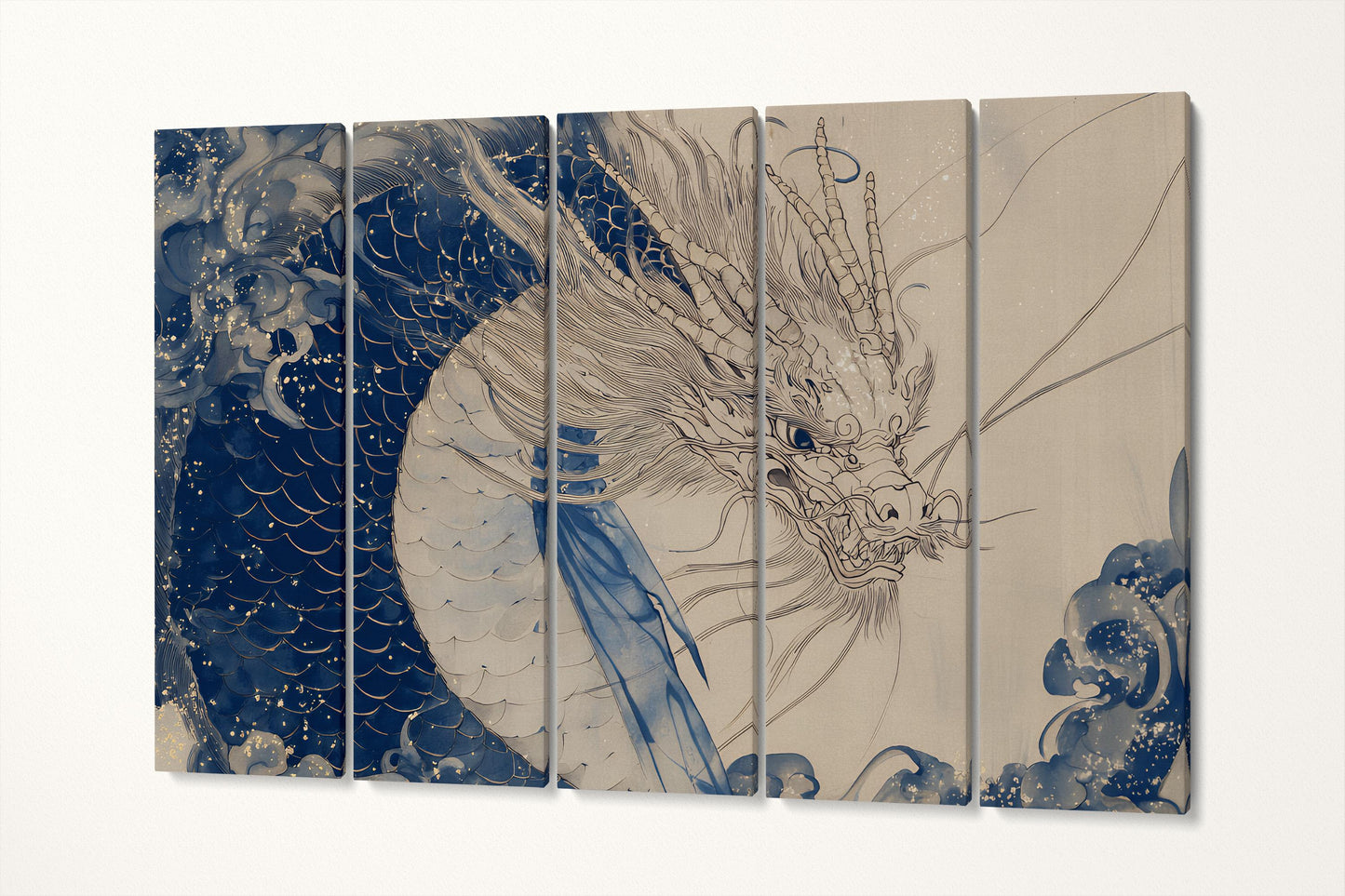 Legendary Dragon in Clouds Traditional Japanese Art Canvas Home Art Wall Decor Eco Leather Print 5 Panels