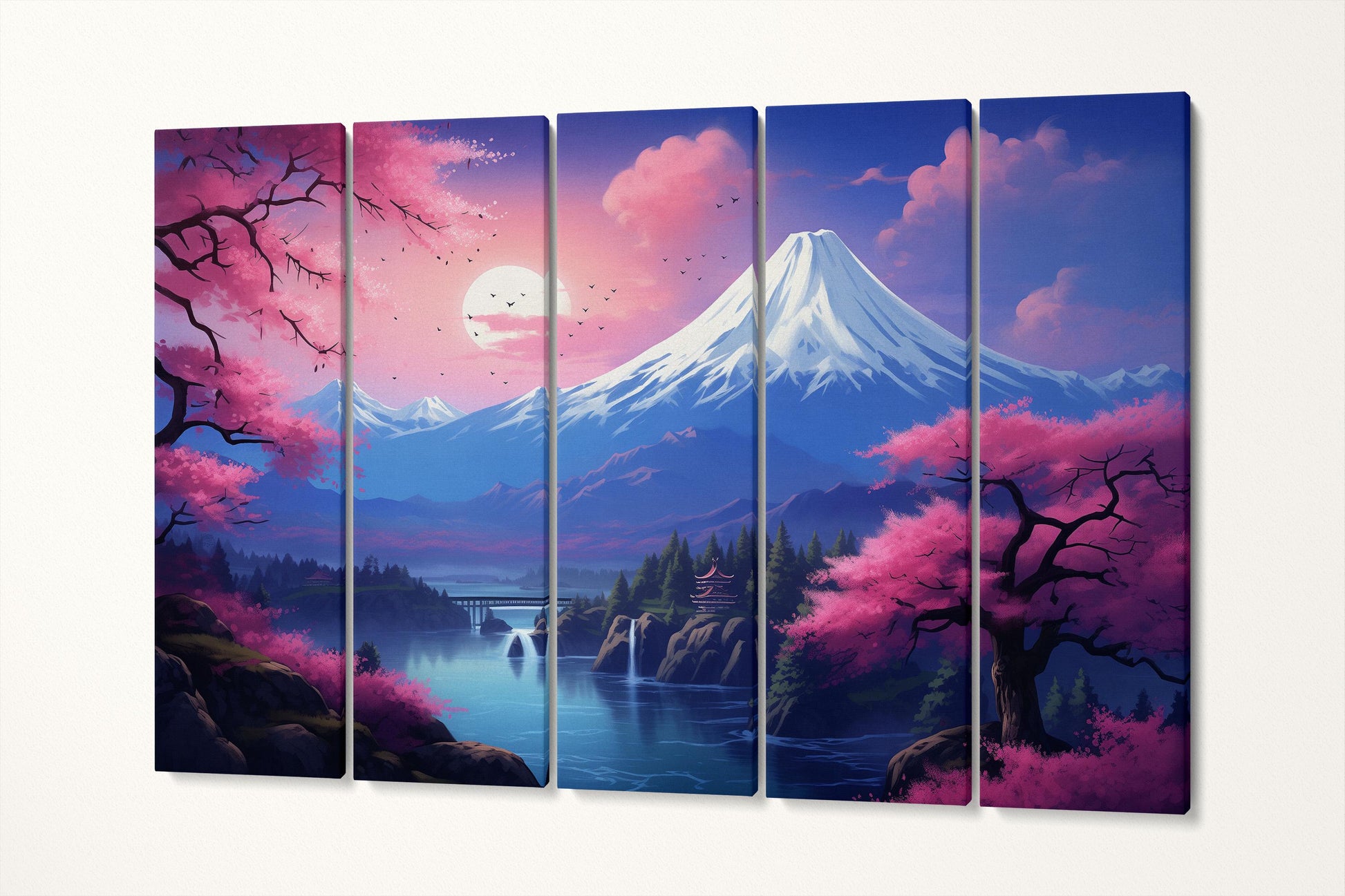 Majestic Sakura Under the Snow-Capped Mountain: A Breathtaking Sunset Landscape Canvas Home Art Wall Decor Eco Leather Print 5 Panels