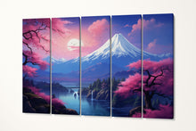 Load image into Gallery viewer, Majestic Sakura Under the Snow-Capped Mountain: A Breathtaking Sunset Landscape Canvas Home Art Wall Decor Eco Leather Print 5 Panels