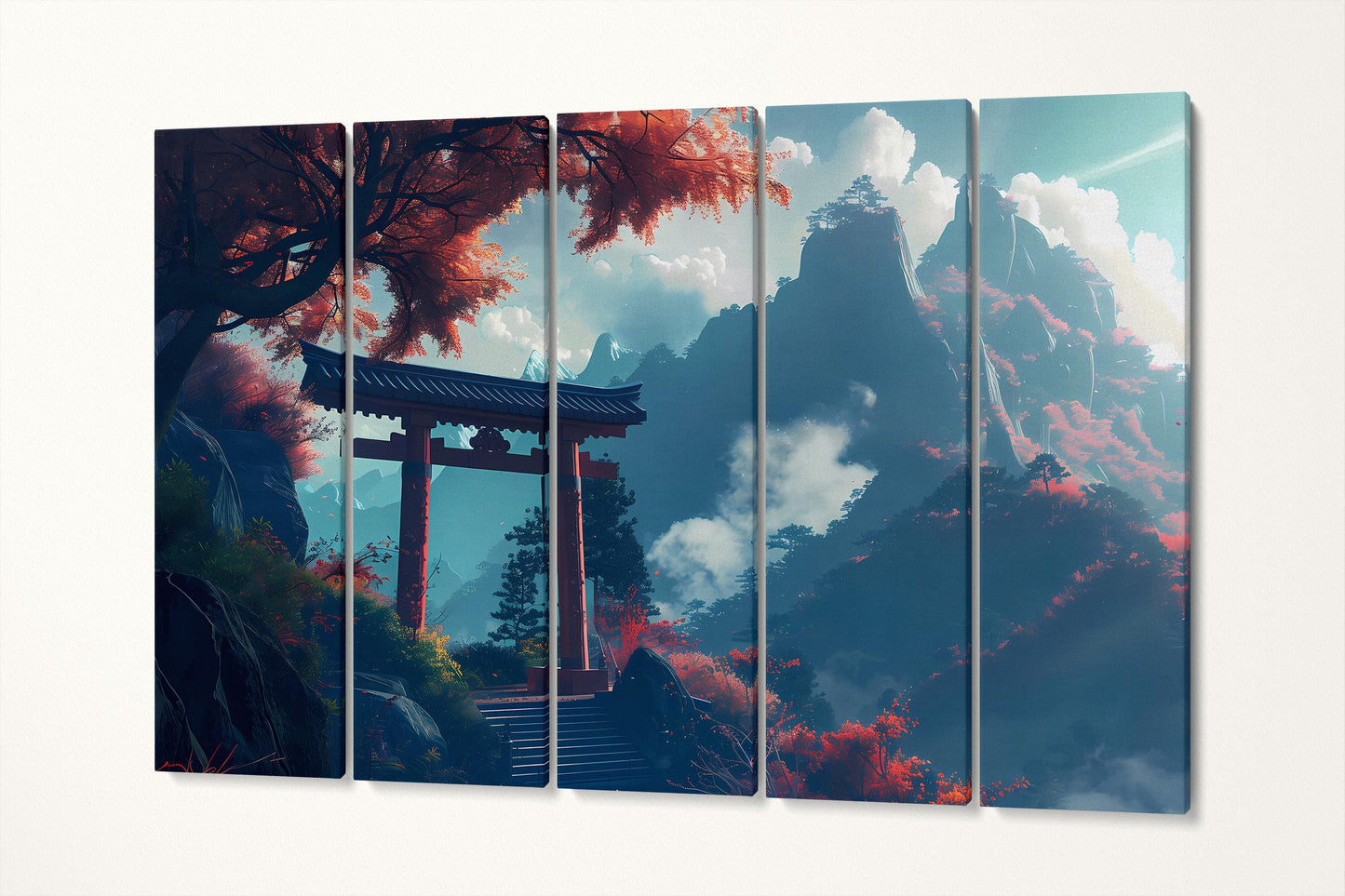Gateway to the Sacred Peaks: Autumn's Embrace on the Mountain Trail Canvas Home Art Wall Decor Eco Leather Print 5 Panels