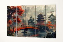 Charger l&#39;image dans la galerie, Autumn Reverie at the Red Pagoda: An Enchanting Bridge Over Still Waters Canvas Home Art Wall Decor Eco Leather Print 5 Panels