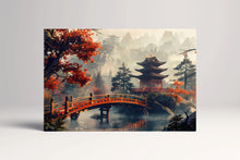 Charger l&#39;image dans la galerie, Autumn Reverie at the Red Pagoda: An Enchanting Bridge Over Still Waters Canvas Home Art Wall Decor Eco Leather Print