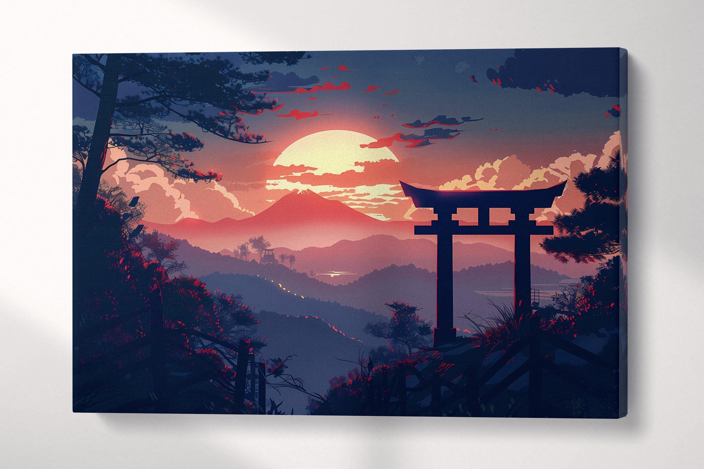 Japanese Sunset Over Torii Gate: Majestic Landscape Canvas Art Canvas Home Art Wall Decor Eco Leather Print Single Panel