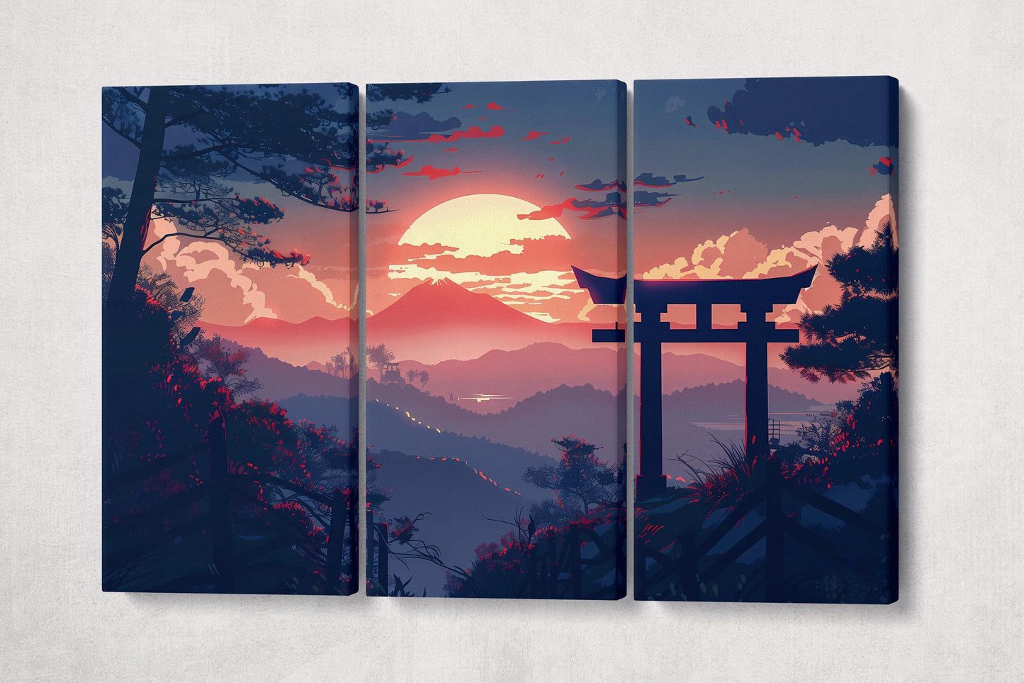 Japanese Sunset Over Torii Gate: Majestic Landscape Canvas Art Canvas Home Art Wall Decor Eco Leather Print 3 Panels