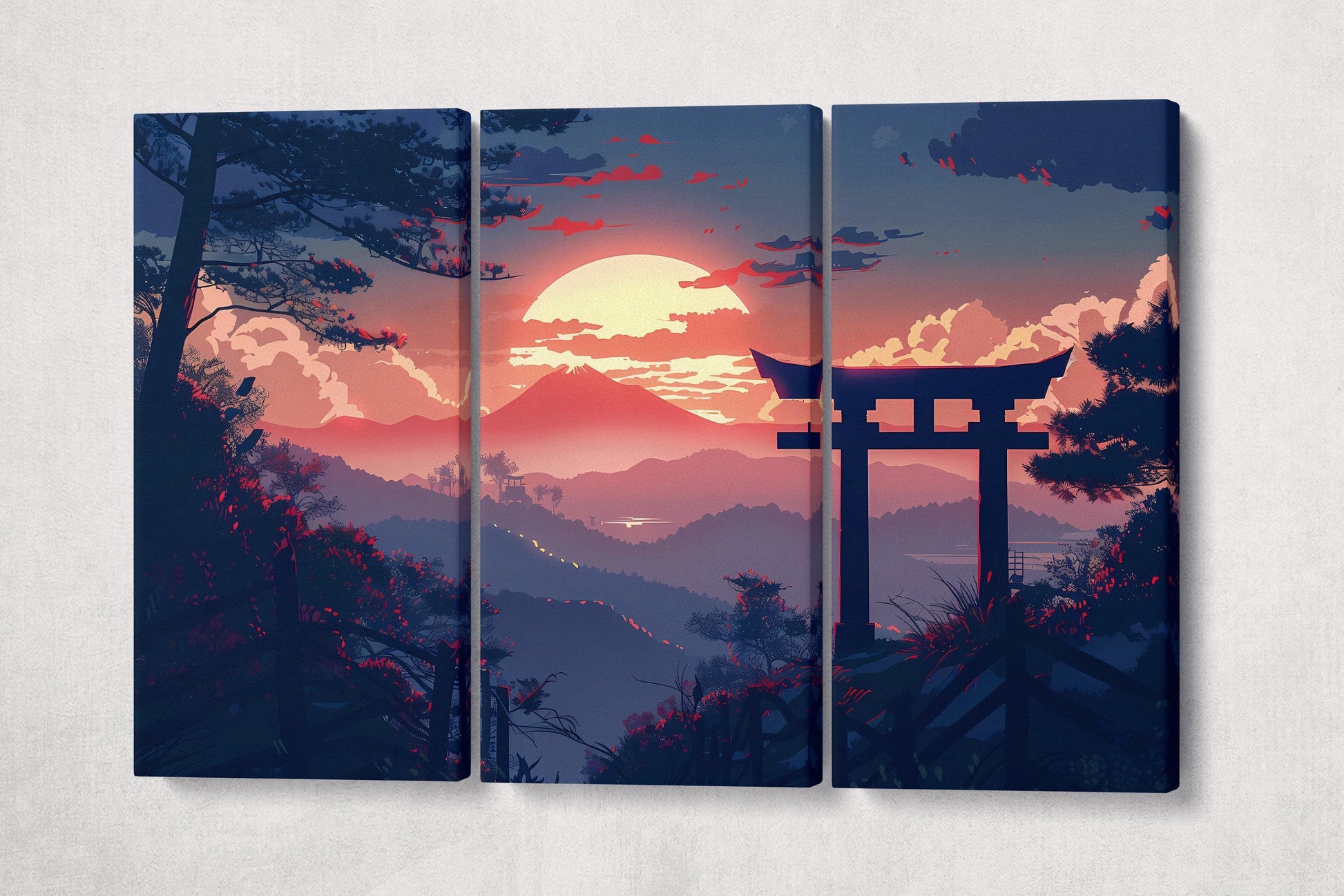 Japanese Sunset Over Torii Gate: Majestic Landscape Canvas Art Canvas Home Art Wall Decor Eco Leather Print 3 Panels