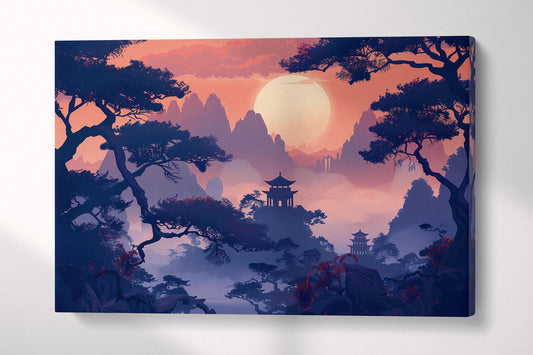 Mystical Pagoda at Dusk – Dreamlike Landscape Chinese Shan Shui Canvas Home Art Wall Decor Eco Leather Print Single Panel