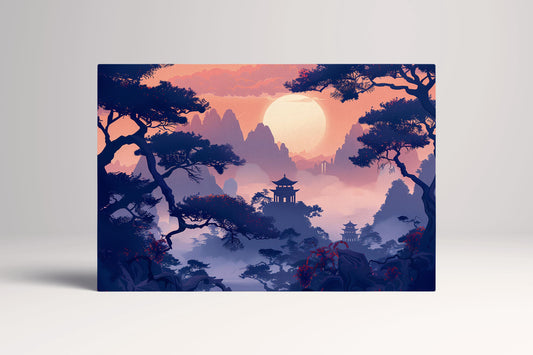 Mystical Pagoda at Dusk – Dreamlike Landscape Chinese Shan Shui Canvas Home Art Wall Decor Eco Leather Print