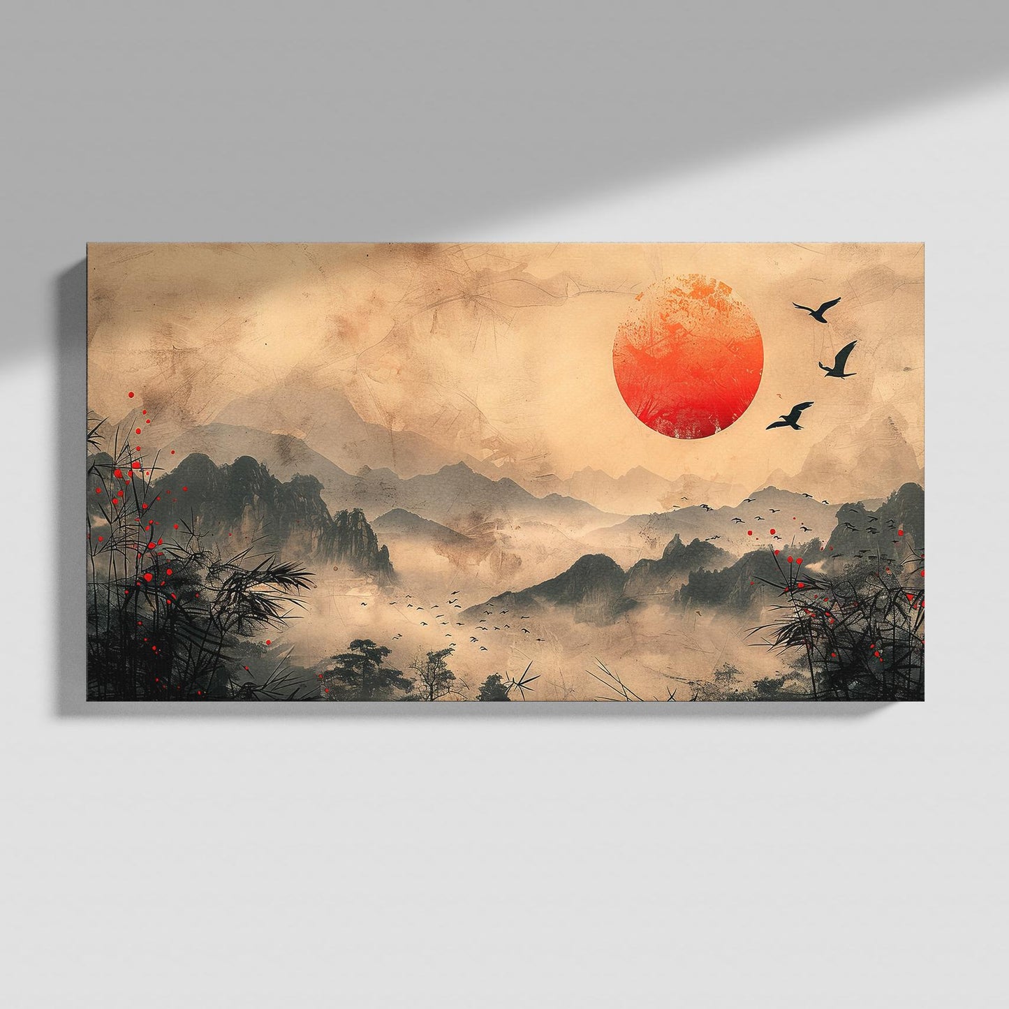 Radiant Horizon Mountain Sunrise Asian Wall Art Home Decor Framed Canvas Print Ratio 1:1