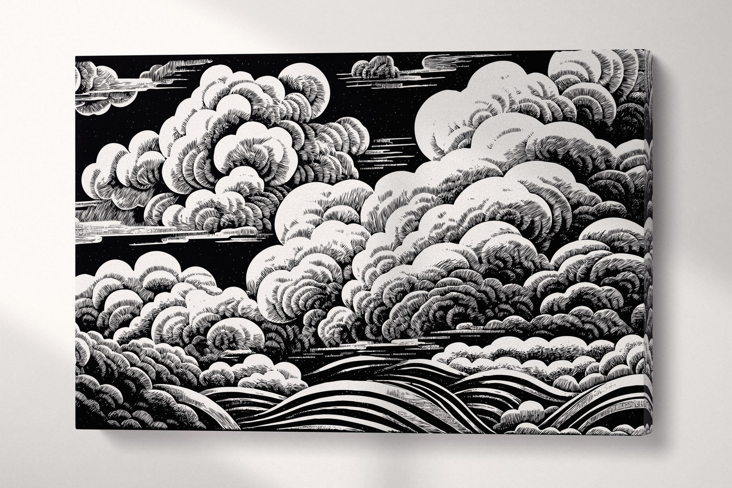 Hand-Sketched Black and White Clouds Japanese Style Eco Leather Wall Art Canvas Print Single Panel