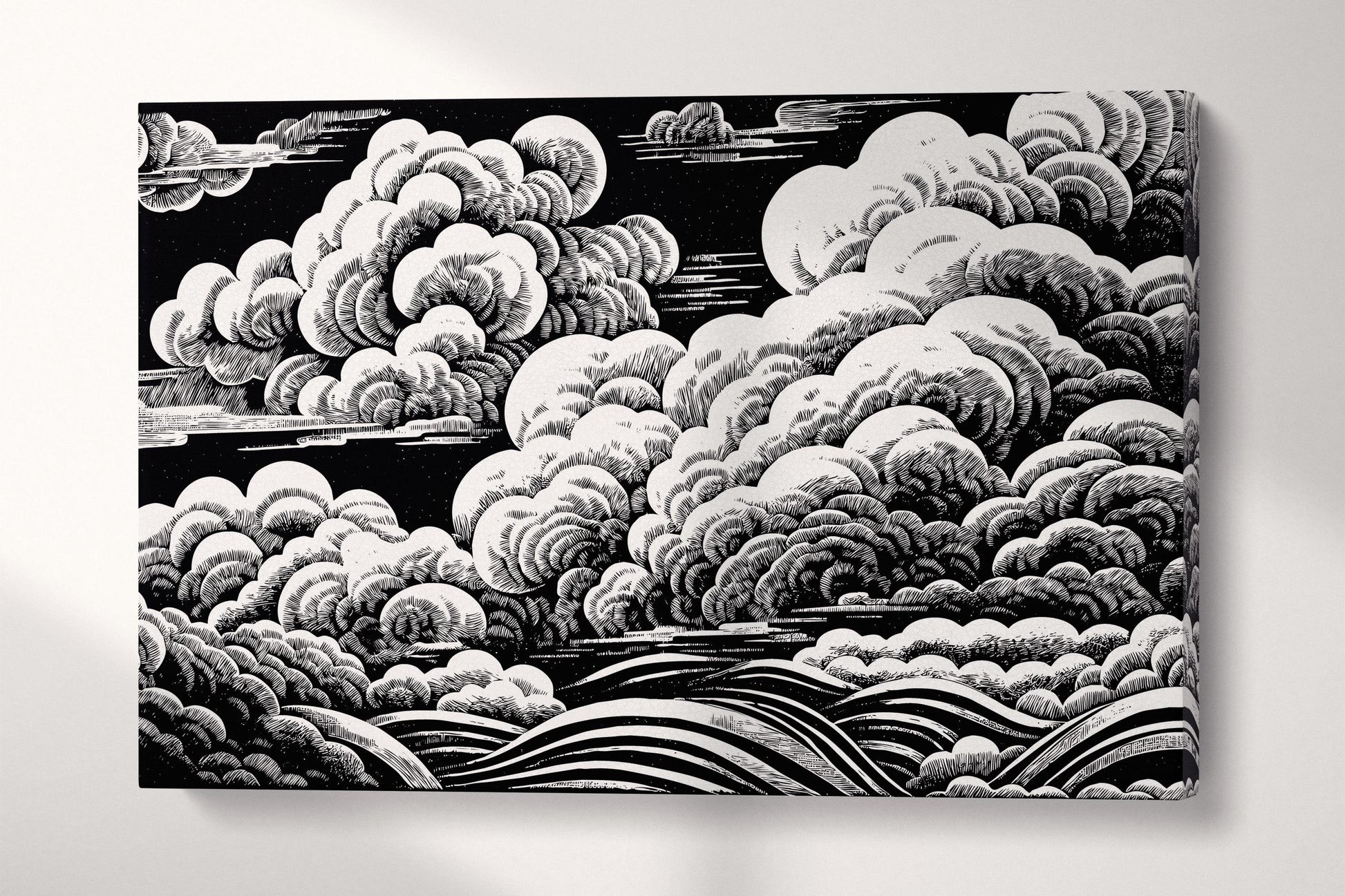 Hand-Sketched Black and White Clouds Japanese Style Eco Leather Wall Art Canvas Print Single Panel