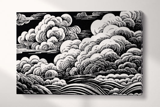 Hand-Sketched Black and White Clouds Japanese Style Eco Leather Wall Art Canvas Print Single Panel