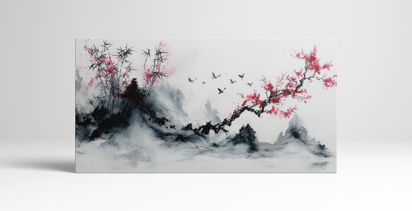 Scarlet Serenity: Bamboo and Blossoms in Flight Wall Art Home Decor Framed Canvas Print Standing