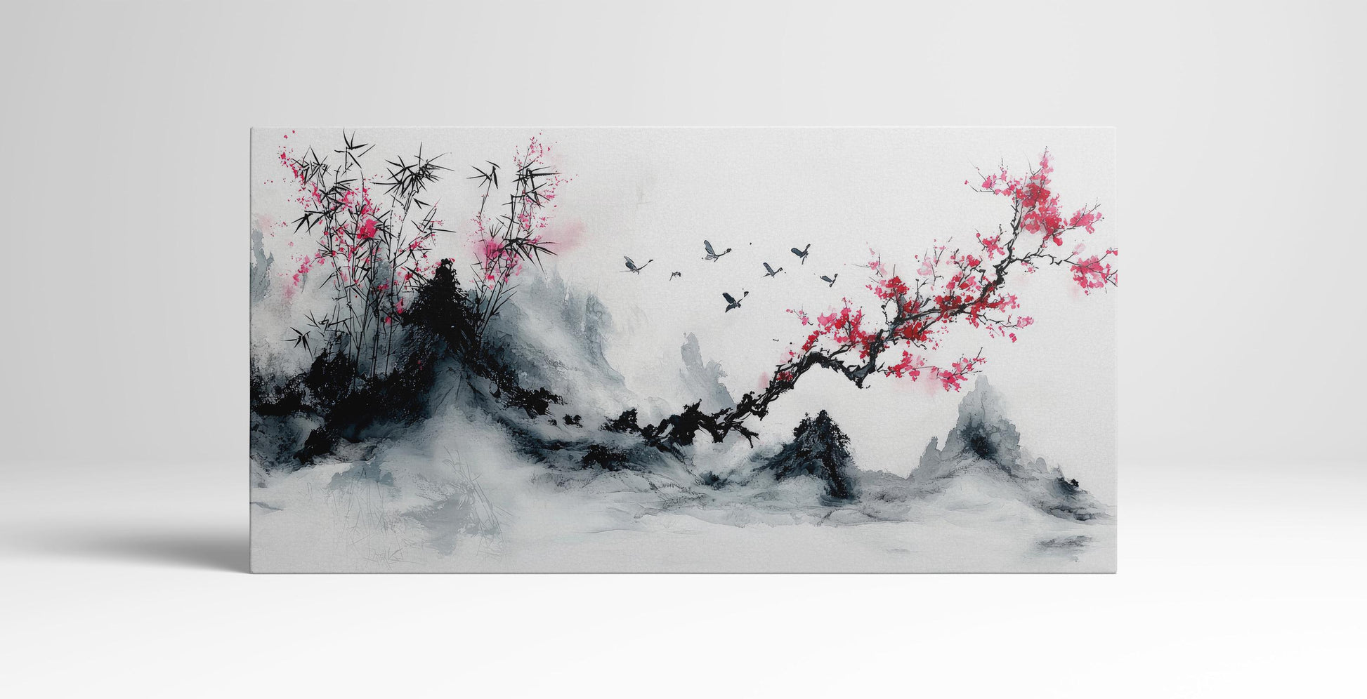 Scarlet Serenity: Bamboo and Blossoms in Flight Wall Art Home Decor Framed Canvas Print Standing