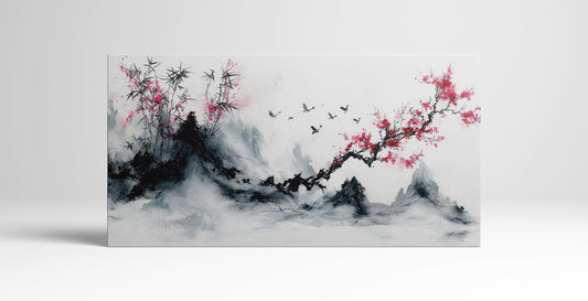 Scarlet Serenity: Bamboo and Blossoms in Flight Wall Art Home Decor Framed Canvas Print Standing