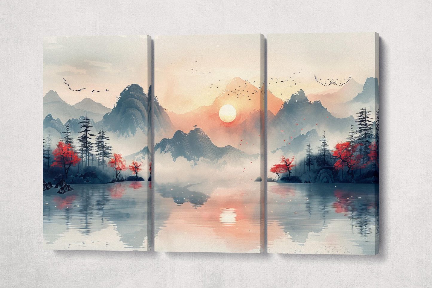 Dreamscape at Dawn: Mountains and Mist - Chinese Inspired Art Wall Decor Eco Leather Print 3 Panels