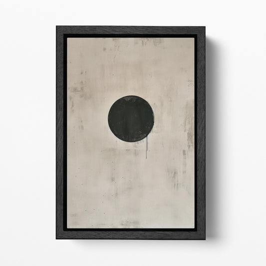 Void in Focus: Abstract Minimalist Black Circle - Contemporary Wall Art Eco Leather Canvas Wall Decor Print Black Frame