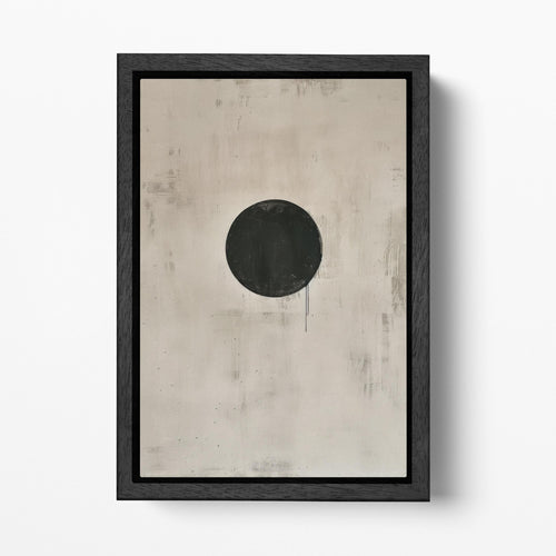 Void in Focus: Abstract Minimalist Black Circle - Contemporary Wall Art Eco Leather Canvas Wall Decor Print Black Frame