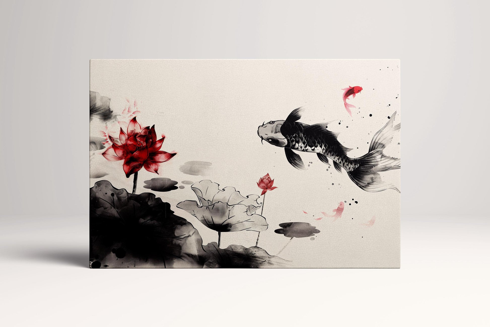 Serene Koi Pond: Black and White Elegance with Red Blossoms Wall Decor Eco Leather Print