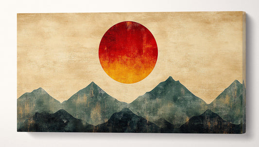 Abstract Japanese Landscape with Red Sun Wall Art Home Decor Framed Canvas Eco Leather Print