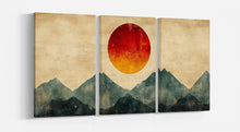Load image into Gallery viewer, Abstract Japanese Landscape with Red Sun Wall Art Home Decor Framed Canvas Eco Leather Print 3 Panels