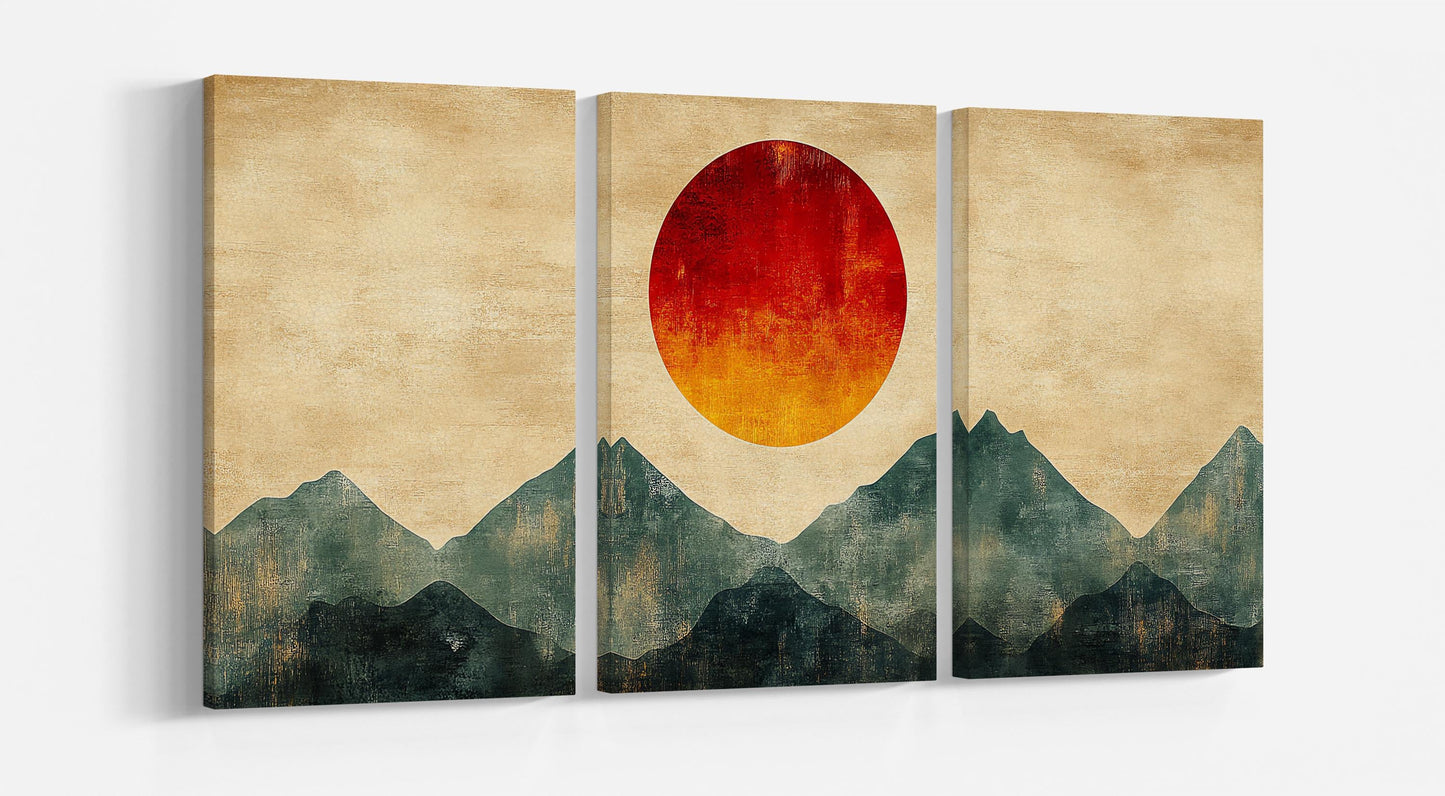 Abstract Japanese Landscape with Red Sun Wall Art Home Decor Framed Canvas Eco Leather Print 3 Panels