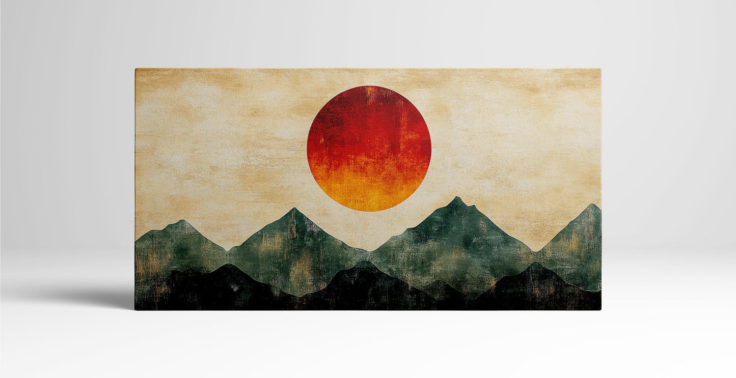Abstract Japanese Landscape with Red Sun Wall Art Home Decor Framed Canvas Eco Leather Print Single