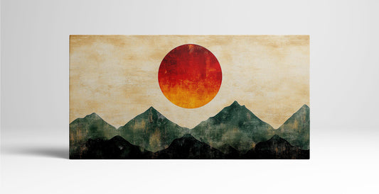Abstract Japanese Landscape with Red Sun Wall Art Home Decor Framed Canvas Eco Leather Print Single