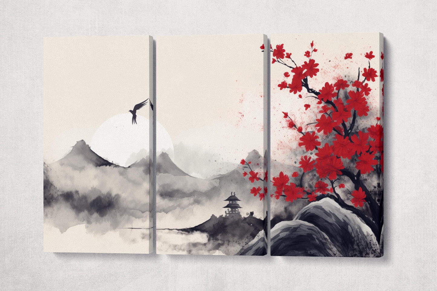Energy in the Red Blossom Mountains - Asian Zen Wall Art Home Decor Eco Leather Print 3 Panels
