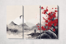 Charger l&#39;image dans la galerie, Energy in the Red Blossom Mountains - Asian Zen Wall Art Home Decor Eco Leather Print 3 Panels
