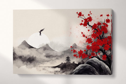 Energy in the Red Blossom Mountains - Asian Zen Wall Art Home Decor Eco Leather Print Single Panel