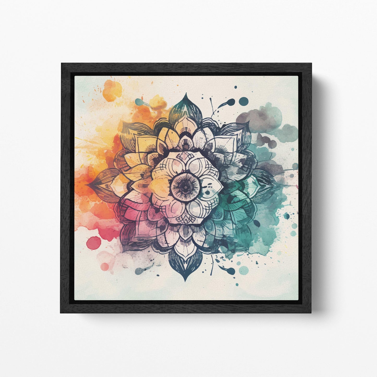 Mandala Bloom Watercolor Wall Art Canvas Eco Leather Print Black Frame