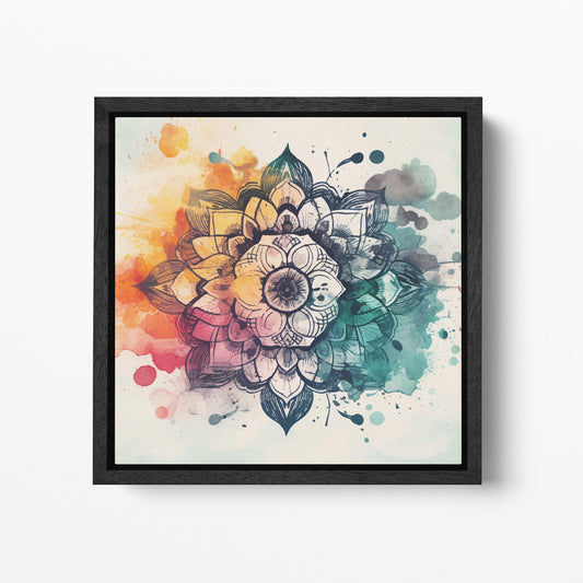 Mandala Bloom Watercolor Wall Art Canvas Eco Leather Print Black Frame