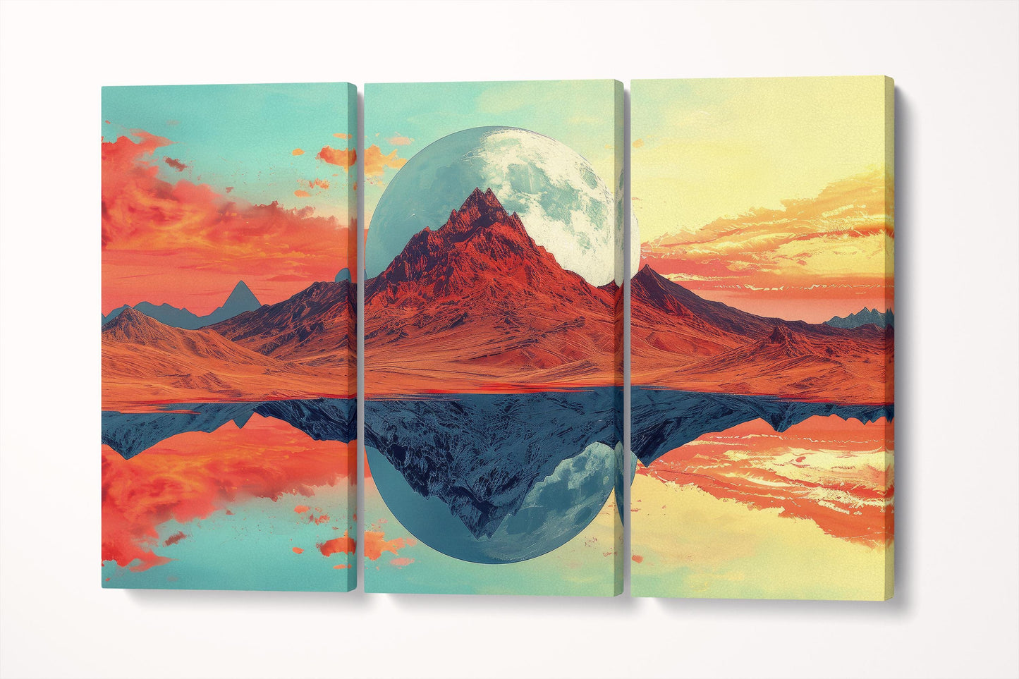 Cosmic Reflections of the Fiery Mountain - Surreal Digital Art Eco Leather Canvas Print 3 Panels