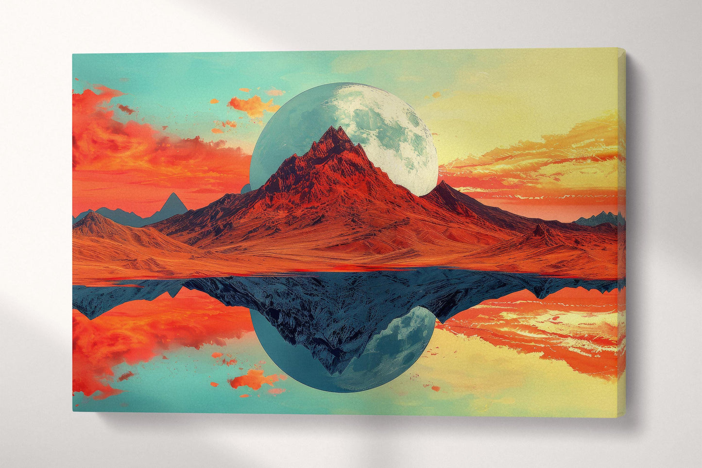 Cosmic Reflections of the Fiery Mountain - Surreal Digital Art Eco Leather Canvas Print Single Panel