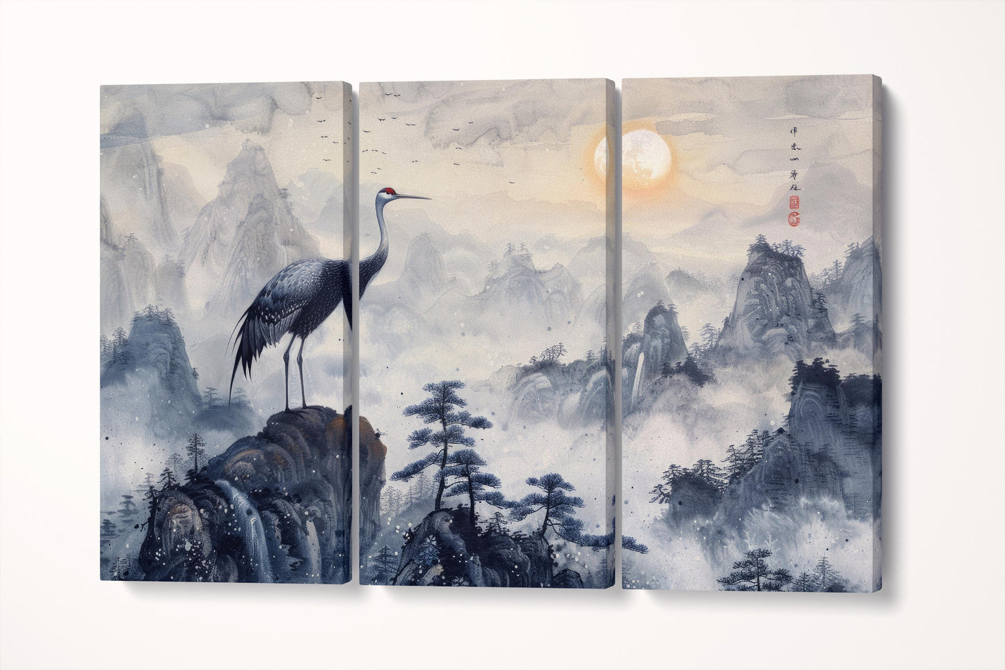 Majestic Crane in Misty Mountains Chinese Art Inspired Wall Decor Eco Leather Print 3 Panels