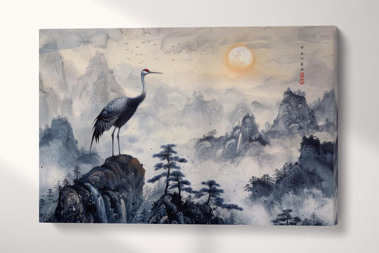 Majestic Crane in Misty Mountains Chinese Art Inspired Wall Decor Eco Leather Print Single Panel