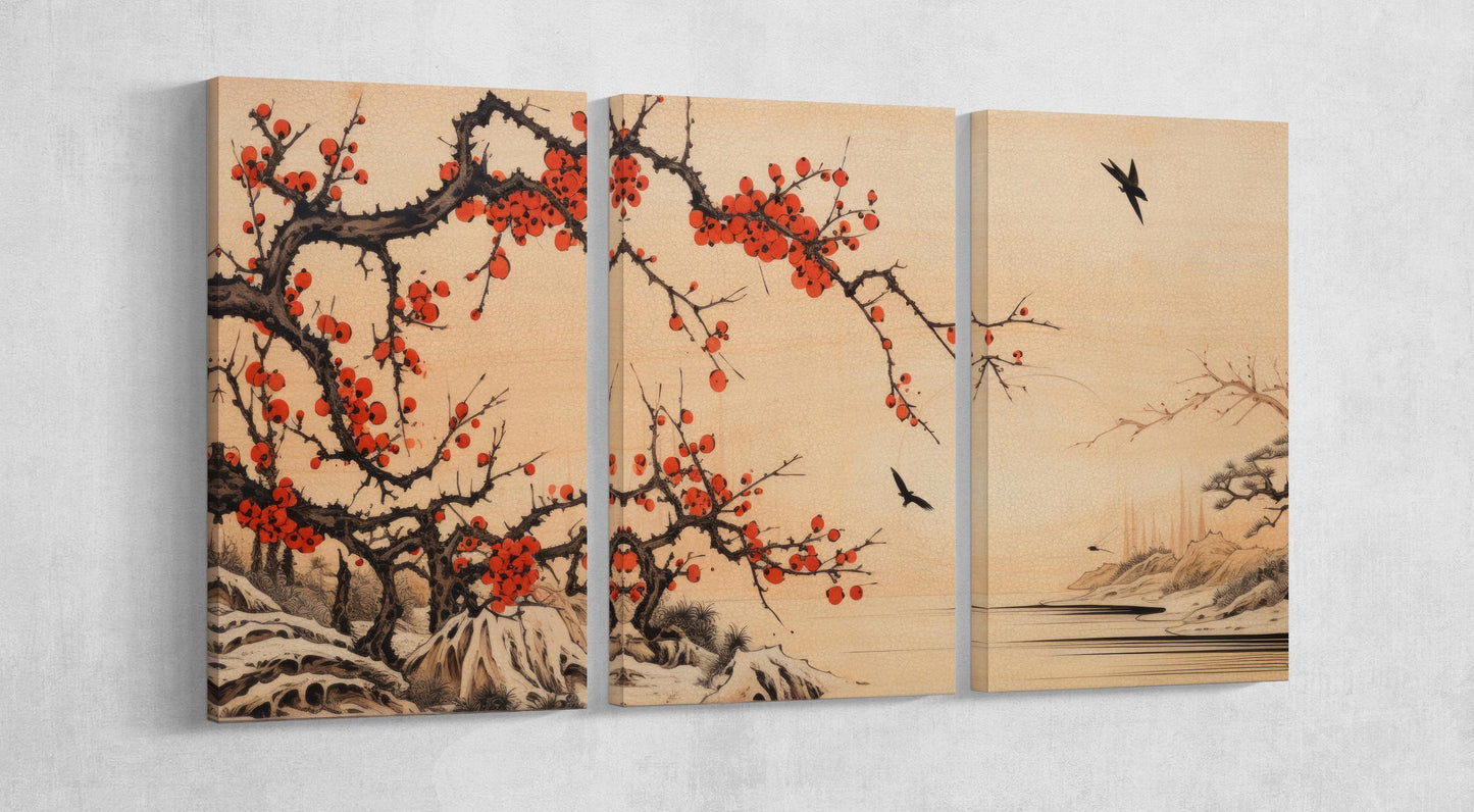 Serenity in Flight: Red Blossoms & Birds Wall Art Home Decor Framed Canvas Eco Leather Print Three Panels