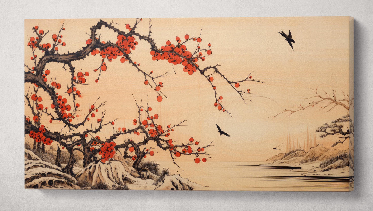 Serenity in Flight: Red Blossoms & Birds Wall Art Home Decor Framed Canvas Eco Leather Print Single Panel