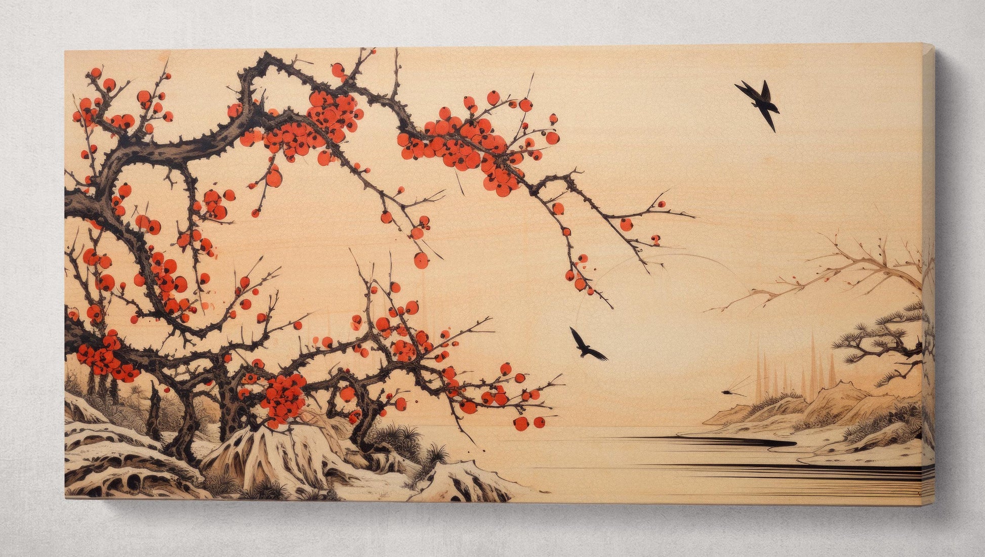 Serenity in Flight: Red Blossoms & Birds Wall Art Home Decor Framed Canvas Eco Leather Print Single Panel