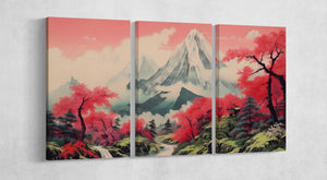 Majestic Pink Landscape: Mountain and Cherry Blossom Forest 3 Panels