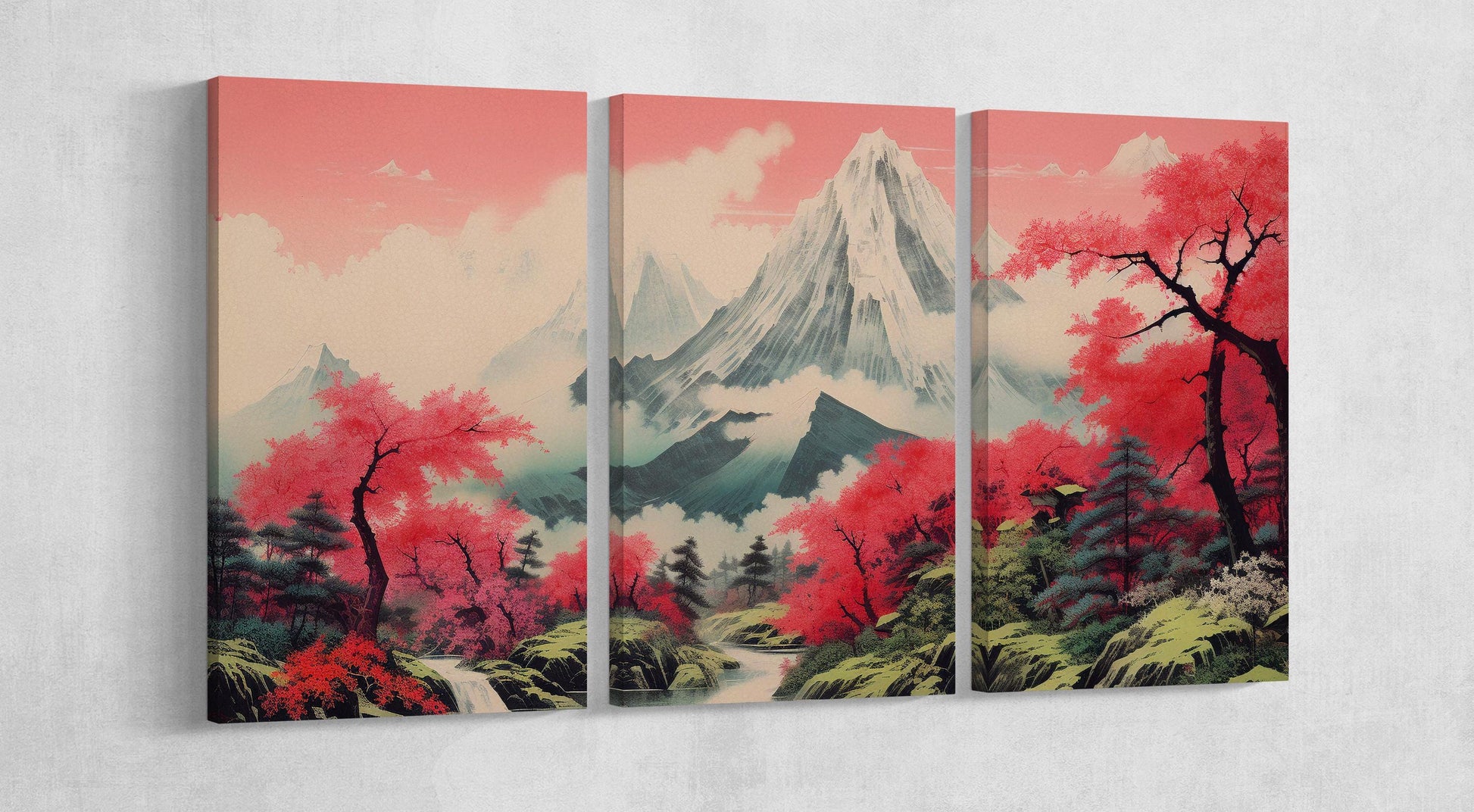 Majestic Pink Landscape: Mountain and Cherry Blossom Forest 3 Panels