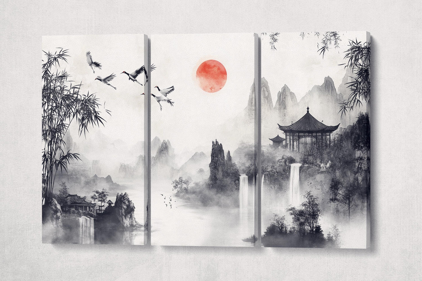 Cranes in Flight: Chinese Black and White Ink Landscape Wall Decor Eco Leather Print 3 Panels