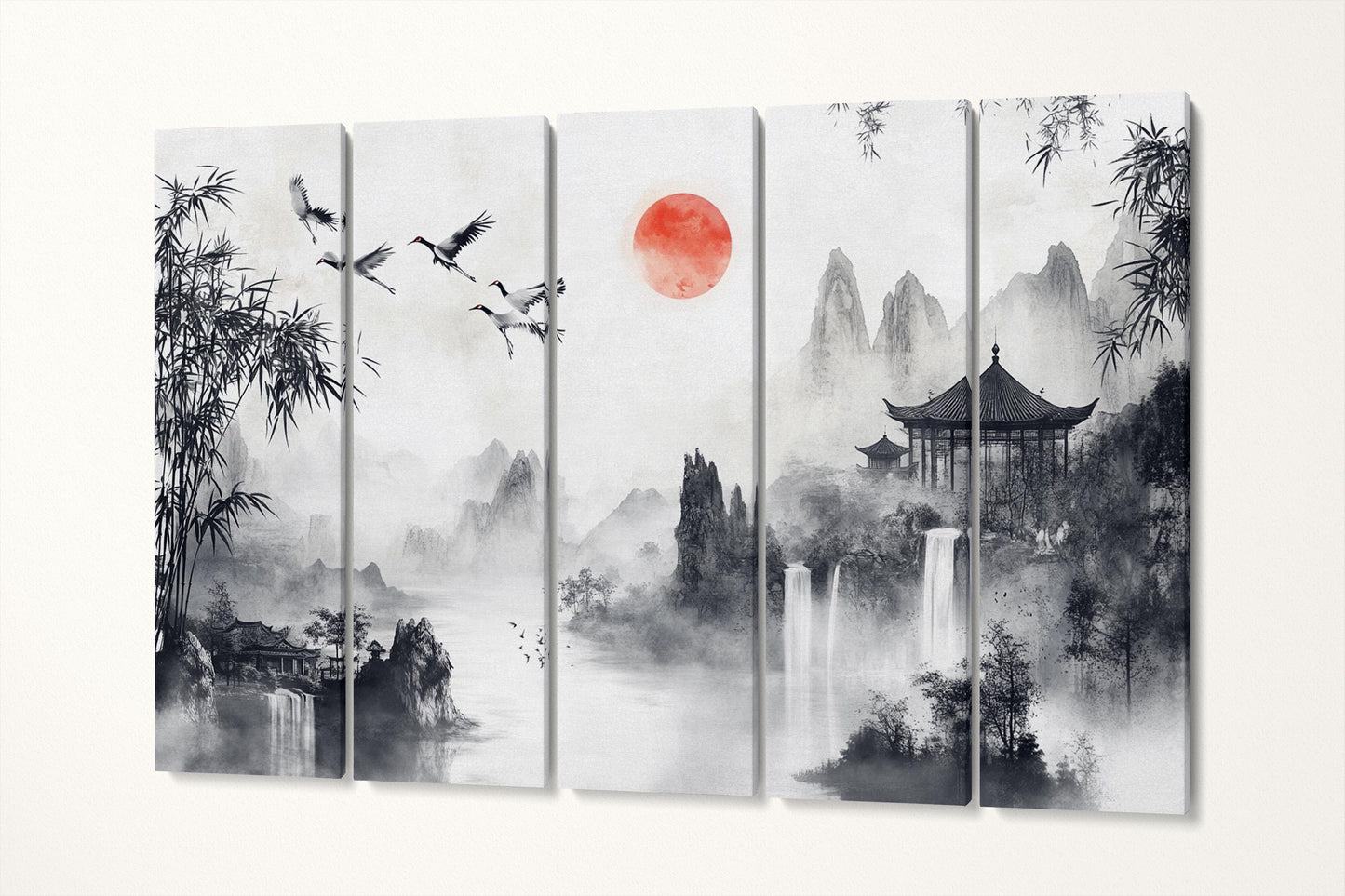 Cranes in Flight: Chinese Black and White Ink Landscape Wall Decor Eco Leather Print 5 Panels