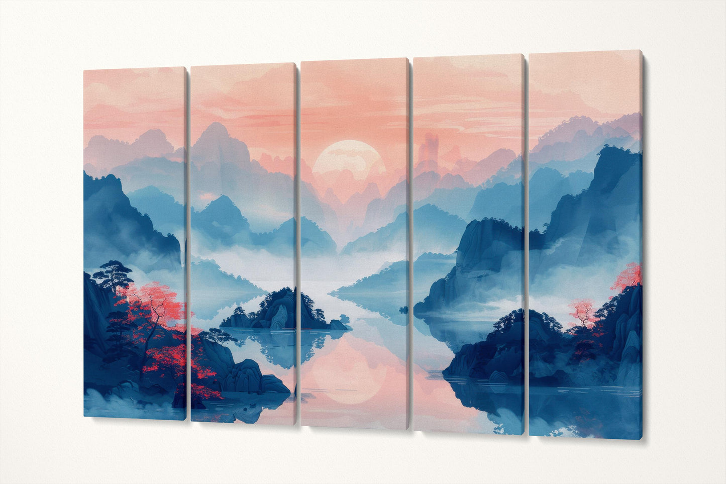 Misty Sunrise Mountain Pastel Tones Wall Decor Eco Leather Print 5 Panels