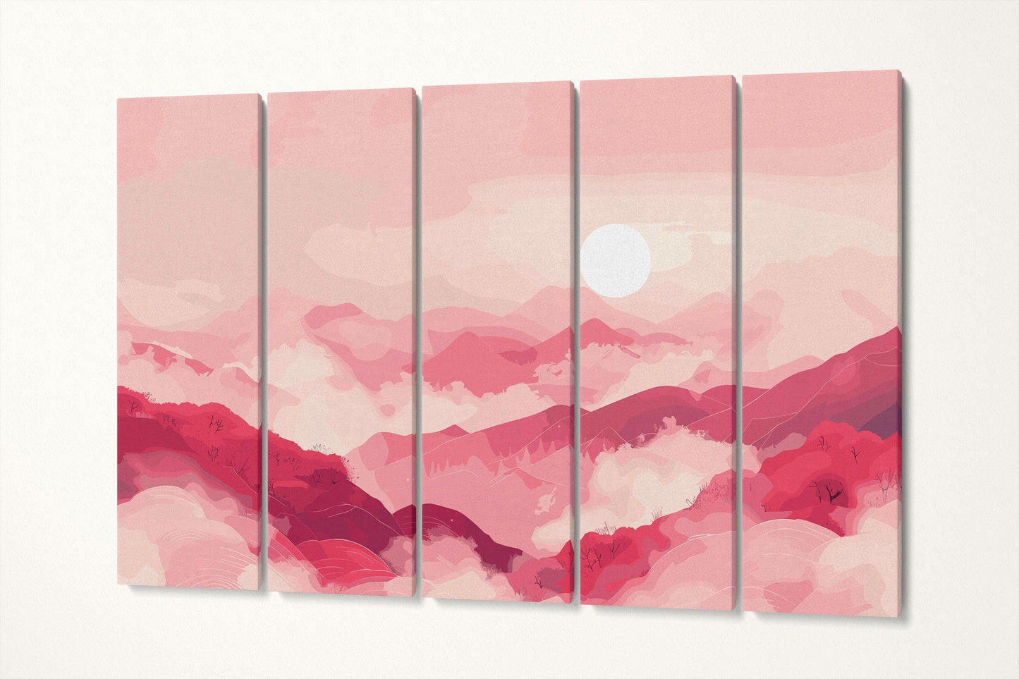 Crimson Dreams Over Rolling Hills Wall Decor Eco Leather Print 5 Panels